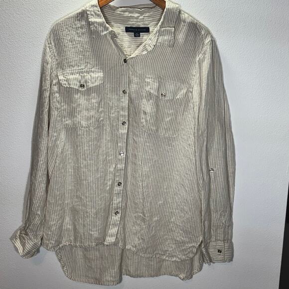 Tommy Hilfiger 100% Linen Button Down Shirt XL Beige Stripe  Roll Tab Casual Top - Picture 1 of 6